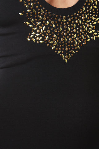 Golden Rhinestone Yoke Keyhole Midi Dress