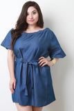 Chambray One Shoulder Waist Tie Shift Dress