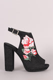 Denim Floral Applique Peep Toe Mule Chunky Heel