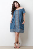 Chambray Printed Border Off-The-Shoulder Shift Dress
