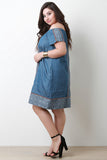Chambray Printed Border Off-The-Shoulder Shift Dress