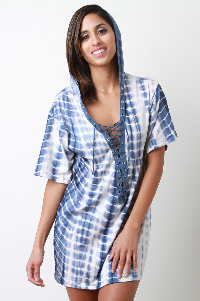 Tie Dye Jersey Knit Lace-Up Hoodie T-Shirt Dress