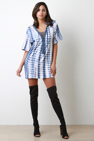 Tie Dye Jersey Knit Lace-Up Hoodie T-Shirt Dress