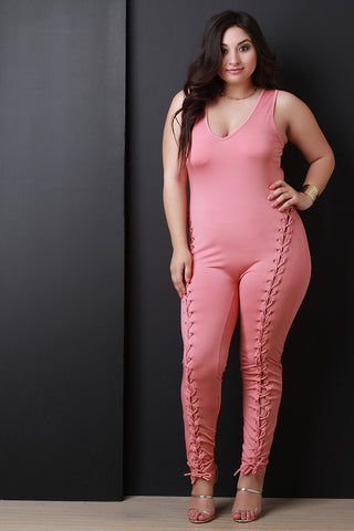 Sleeveless Eyelet Corset Front Lace-Up Jumpsuit