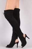 Suede Peep Toe Lace Up Heeled Over-The-Knee Boots