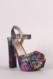 Qupid Floral Brocade Ankle Strap Chunky Platform Heel