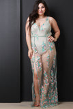 Embroidered Vine Mesh Bodysuit Maxi Dress