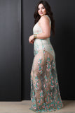 Embroidered Vine Mesh Bodysuit Maxi Dress