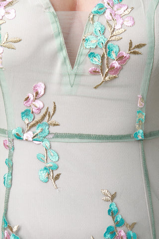 Embroidered Vine Mesh Bodysuit Maxi Dress