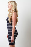 Striped Rib Knit Strappy Back Bodycon Dress