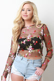 Mesh Embroidered Floral Raw Edge Top