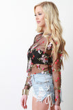 Mesh Embroidered Floral Raw Edge Top