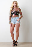 Mesh Embroidered Floral Raw Edge Top