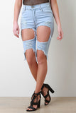 Knee Length Distressed Cut Out Denim Shorts