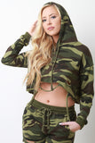 Camouflage Draped Distressed Terry Knit Hooded Crop Top