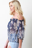 Semi-Sheer Paisley Print Bardot Self-Tie Top