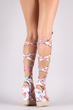 Floral Print Leg Wrap Espadrille Platform Wedge