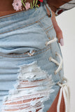 Distressed Side Lace-Up Frayed Hem Denim Shorts