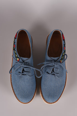Denim Floral Patch Lace Up Espadrille Oxford Flatform Wedge