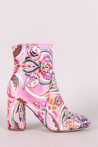 Floral Brocade Block Heeled Booties