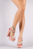 Faux Pearl Velvet Ankle Strap Chunky Platform Heel