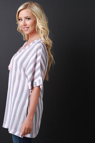Striped Lace-Up Tassel Boxy Top