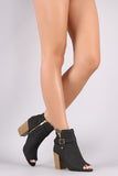 Qupid Perforated Nubuck Peep Toe Chunky Heeled Booties