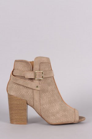 Qupid Perforated Nubuck Peep Toe Chunky Heeled Booties