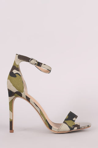 Camouflage Open Toe Ankle Strap Single Sole Stiletto Heel