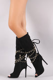 Suede Peep Toe Chain Wrap Stiletto Mid Calf Boots