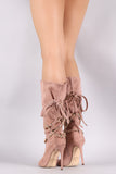 Suede Peep Toe Chain Wrap Stiletto Mid Calf Boots