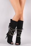 Suede Peep Toe Chain Wrap Stiletto Mid Calf Boots