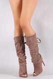Suede Peep Toe Chain Wrap Stiletto Mid Calf Boots