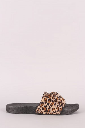 Leopard Bow Open Toe Slide Sandal
