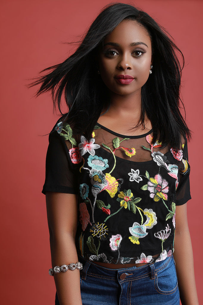 Floral Embroidery Mesh Cami Underlay Crop Top