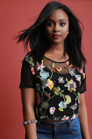 Floral Embroidery Mesh Cami Underlay Crop Top