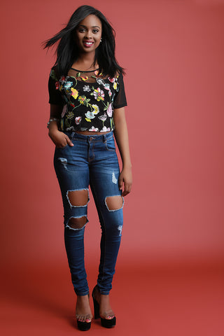 Floral Embroidery Mesh Cami Underlay Crop Top