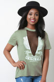 Graphic Print Round Neck Fishnet Inset Short Sleeve Top