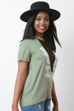 Graphic Print Round Neck Fishnet Inset Short Sleeve Top