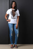 Graphic Print Round Neck Fishnet Inset Short Sleeve Top