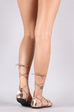 Metallic Faux Pearl Studded Lace Up Flat Sandal