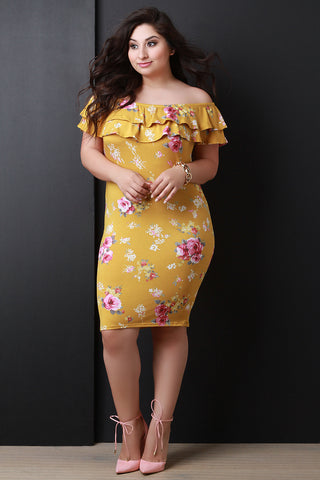 Off The Shoulder Floral Print Tiered Ruffle Midi Dress