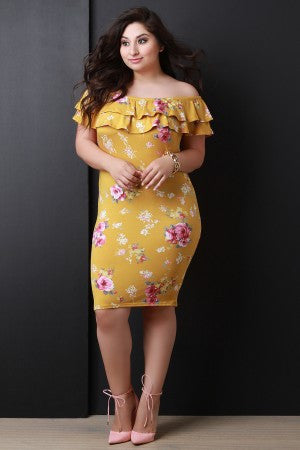 Off The Shoulder Floral Print Tiered Ruffle Midi Dress