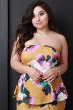 Textured Floral Print Strapless Peplum Top