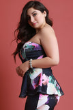 Textured Floral Print Strapless Peplum Top