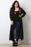 Semi-Sheer Mesh Floral Applique Long Line Cardigan