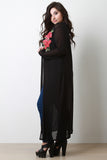 Semi-Sheer Mesh Floral Applique Long Line Cardigan