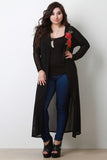Semi-Sheer Mesh Floral Applique Long Line Cardigan