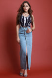 Front Slit Button-Up Denim Maxi Skirt