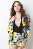 Textured Knit Splattered Floral Print Fitted Blazer